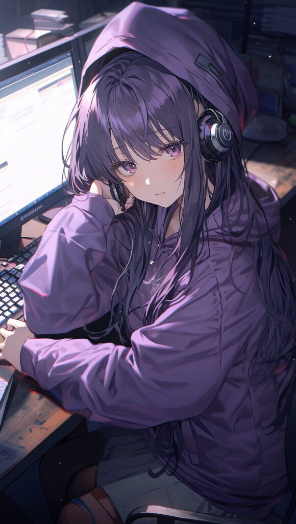 Anime Girl in Hoodie with Headphones: Relaxed Digital Vibe Wallpaper