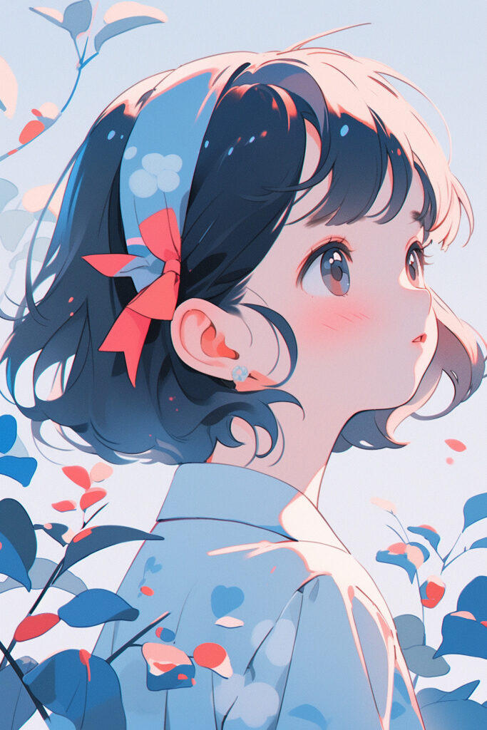 Dreamy Anime Wallpaper: Girl with Rosy Cheeks & Ribbon