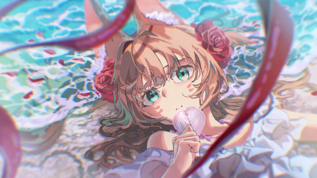 Serene Anime Girl by Water: Green Eyes & Brown Hair with Roses Wallpaper