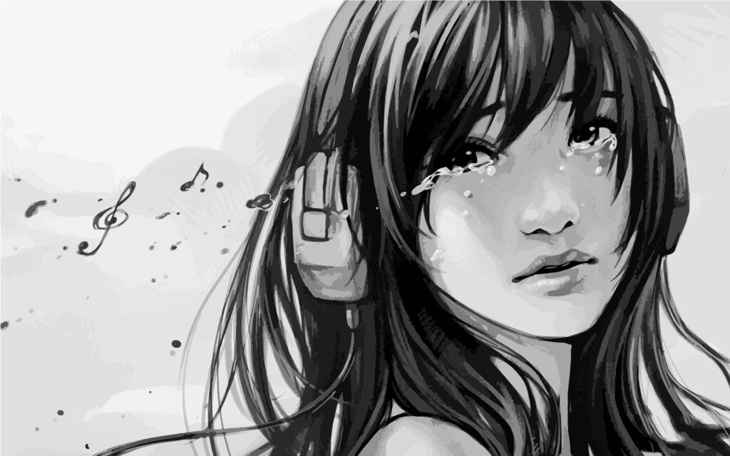 Emotional Black and White Wallpaper: Somber Anime Girl with Headphones