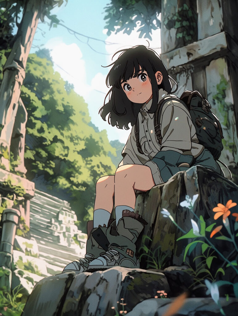 Anime Girl in Lush Greenery: Outdoor Adventure Wallpaper