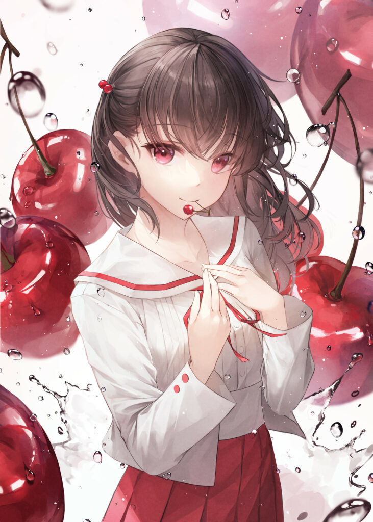 Anime Girl Surrounded by Cherries | Playful Wall Art Background Wallpaper