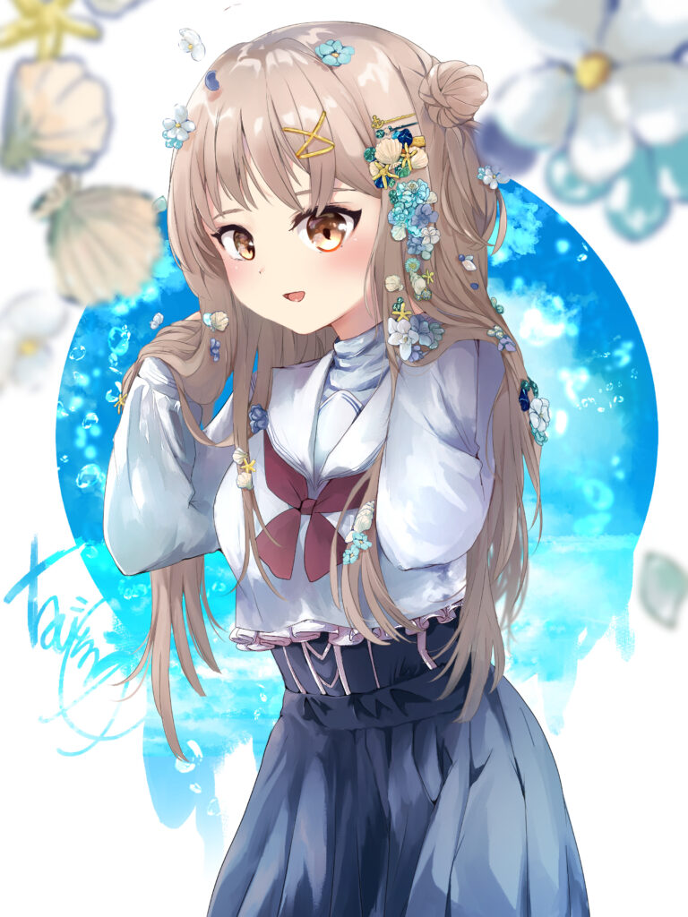 Anime Girl with Flowers and Soothing Blue Background Wallpaper