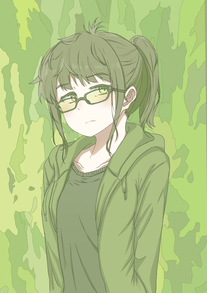 Anime Girl with Glasses on Calm Green Background Wallpaper