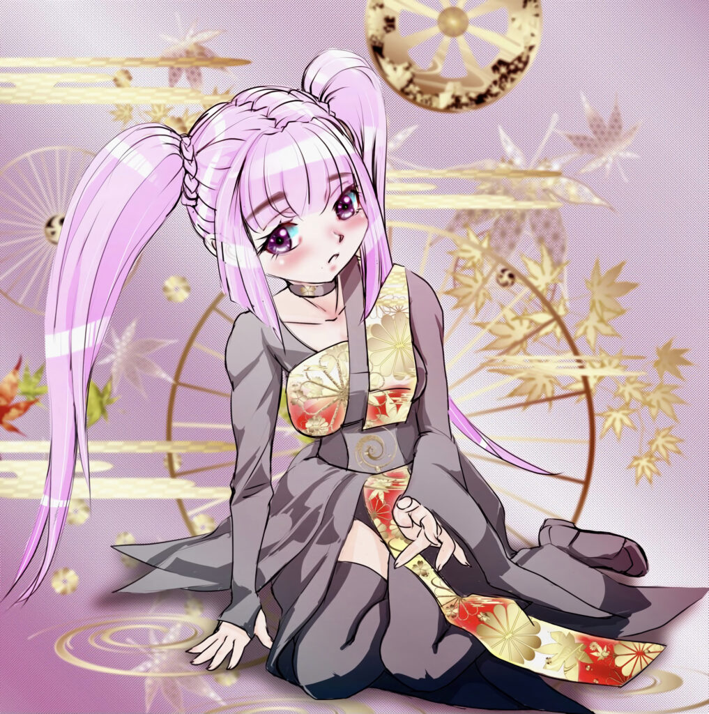 Anime Girl with Pink Ponytails in Floral Gold Background Wallpaper