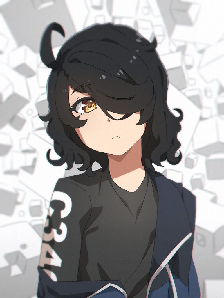 Anime Girl with Curly Black Hair Against Geometric Art Background Wallpaper