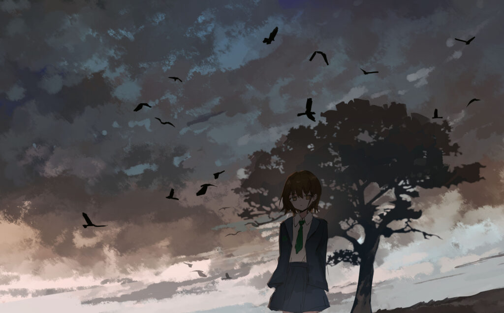 Anime Girl by Silhouetted Tree: Solitary Sky Background Art Wallpaper