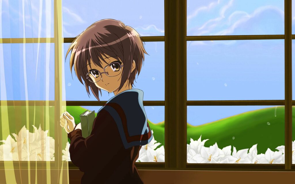 Anime Girl by Window: Serene 1920x1200 Wallpaper with Lush Greenery