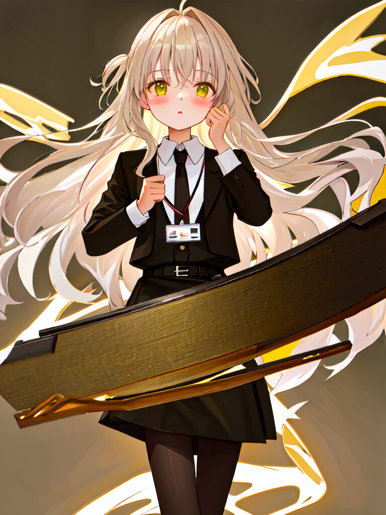 Anime Girl with Sword in Black Suit - Dynamic Golden Background Wallpaper