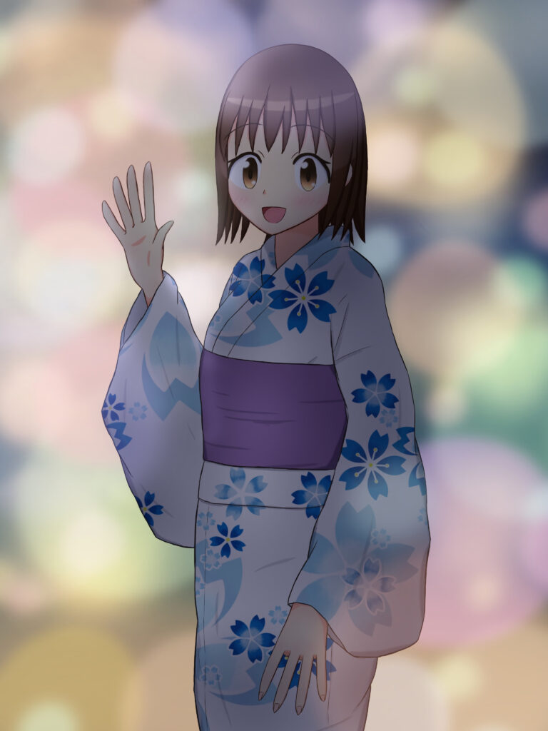 Smiling Anime Girl in Floral Kimono - Colorful Background Wallpaper