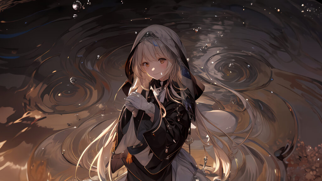 Anime Girl with Cape in Serene Swirling Water Wallpaper