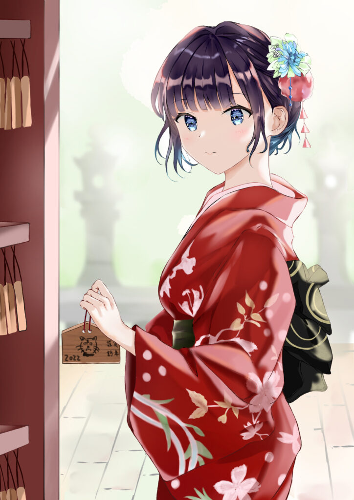Anime Girl in Colorful Kimono: Serene Floral Background Art Wallpaper
