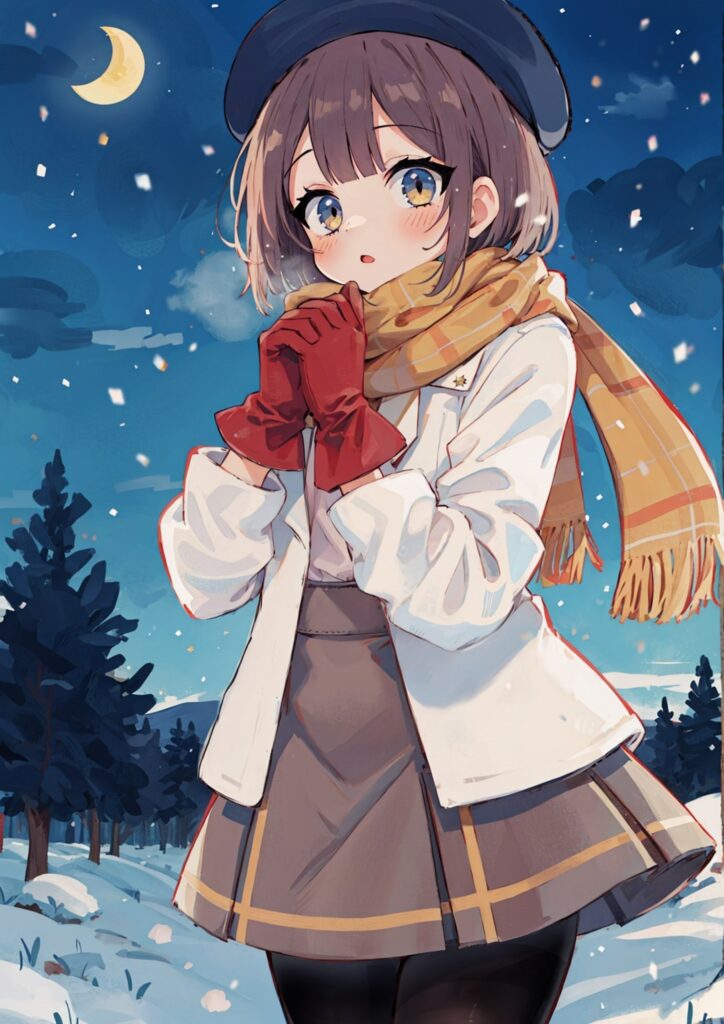 Cozy Anime Girl Winter Wallpaper: Serene Snowy Evening Scene