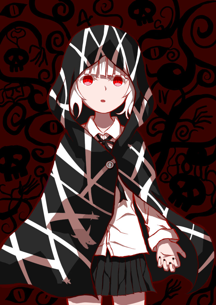 Anime Girl in Hooded Cape: Mysterious Abstract Background Wallpaper