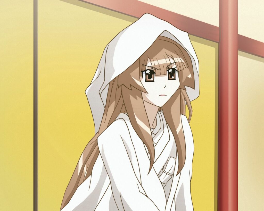 Anime Girl in White Robe - Intriguing Scene with Bold Yellow Red Background Wallpaper