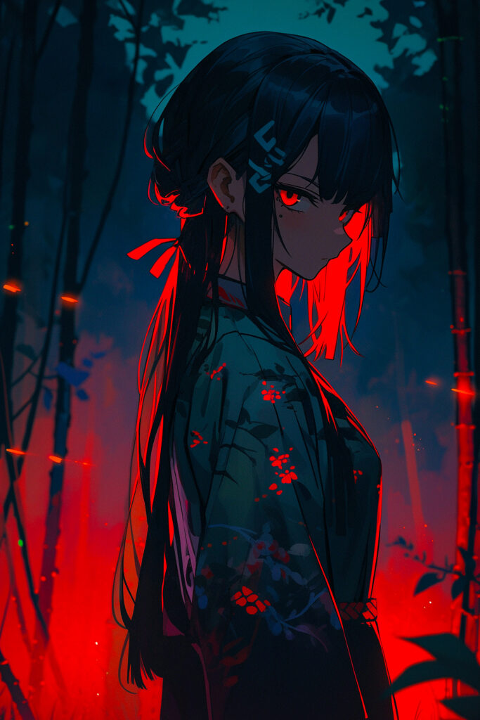 Anime Girl in Kimono: Dramatic Backlit Forest Wallpaper
