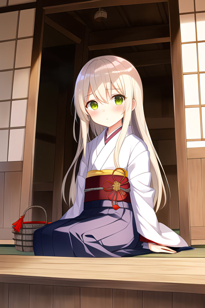 Anime Girl in Kimono: Serene Wooden Interior Wallpaper
