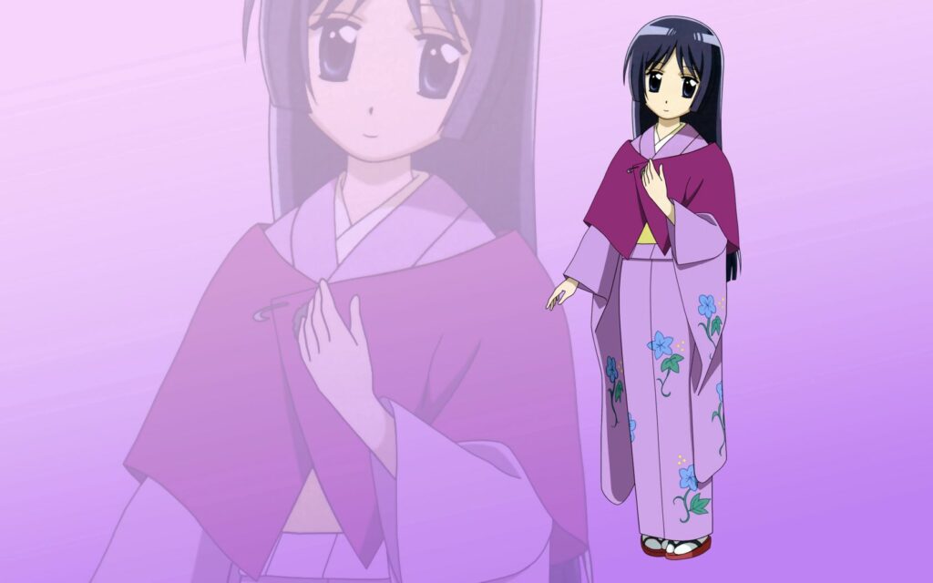 Anime Girl in Kimono: Shy Pose with Floral Patterns & Soft Background Wallpaper