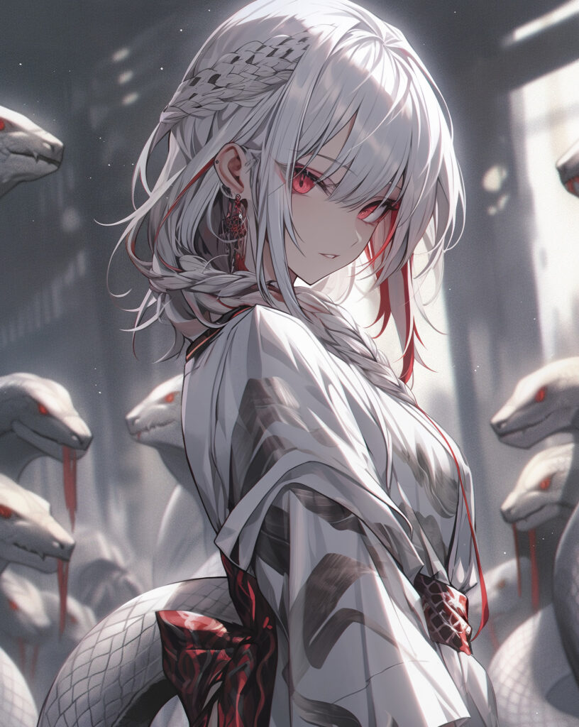 Intriguing Anime Girl in Kimono with Snakes - Striking White Hair Wallpaper