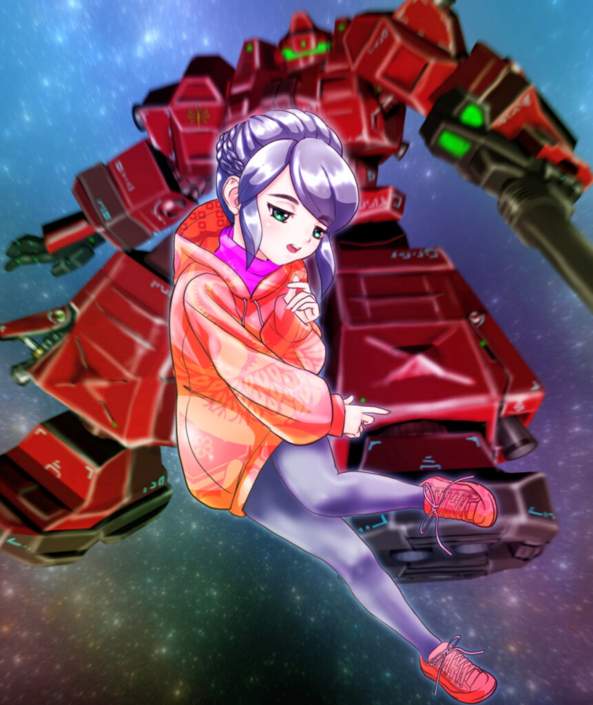 Anime Girl in Motion with Robotic Figure - Vibrant Cosmic Wallpaper