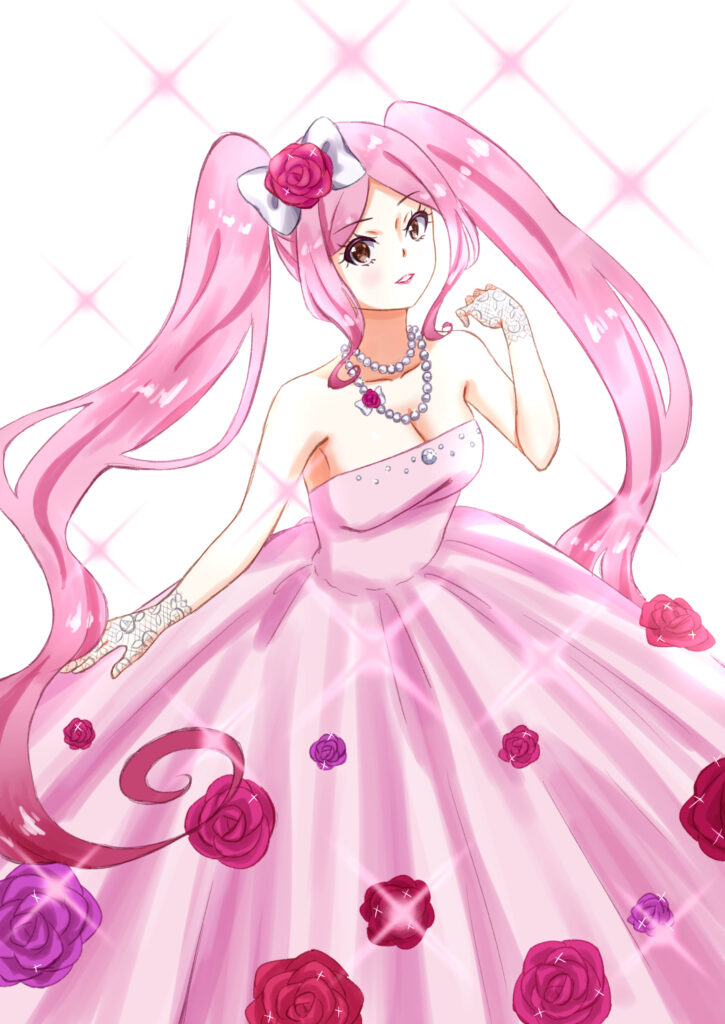 Anime Girl in Pink Dress with Roses & Sparkling Background Wallpaper