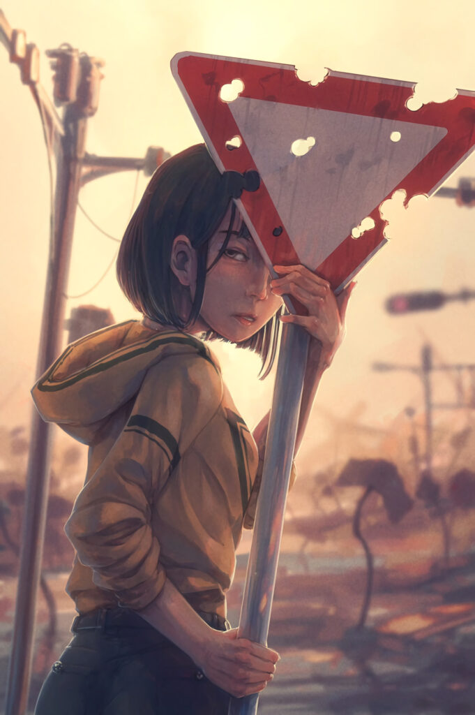 Anime Girl in Post-Apocalyptic Setting: Mystery and Resilience Wallpaper