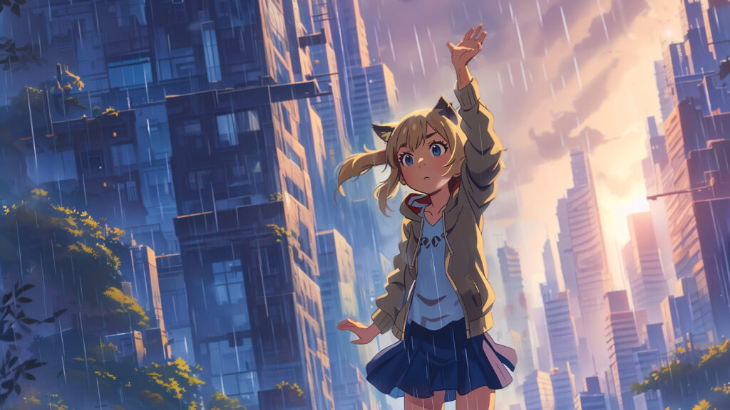 Anime Girl in Rain: Dynamic Urban Wallpaper with Vibrant Colors