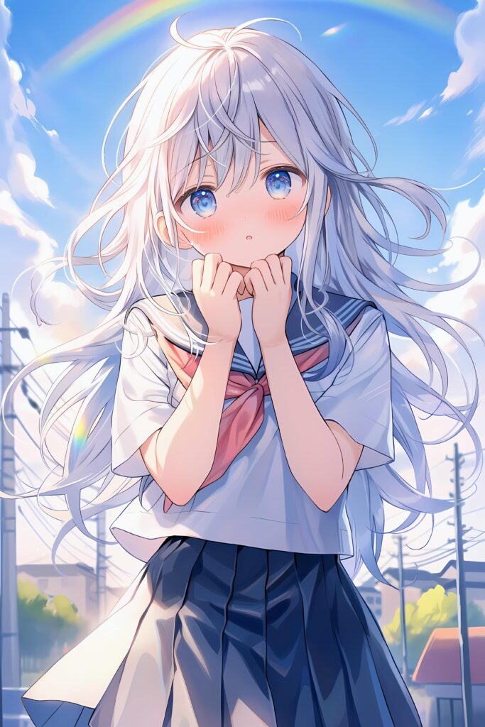 Anime Wallpaper: Serene Girl in Sailor Suit with Rainbow Background
