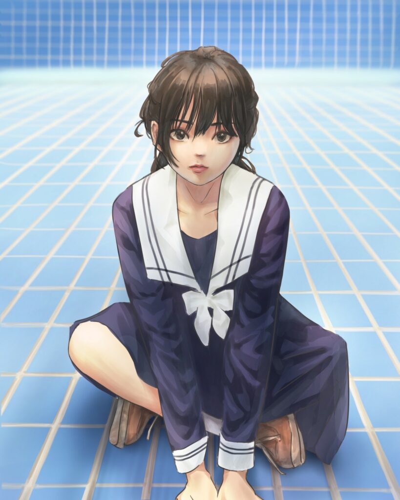 Engaging Girl in Sailor Uniform Wallpaper with Calm Blue Background