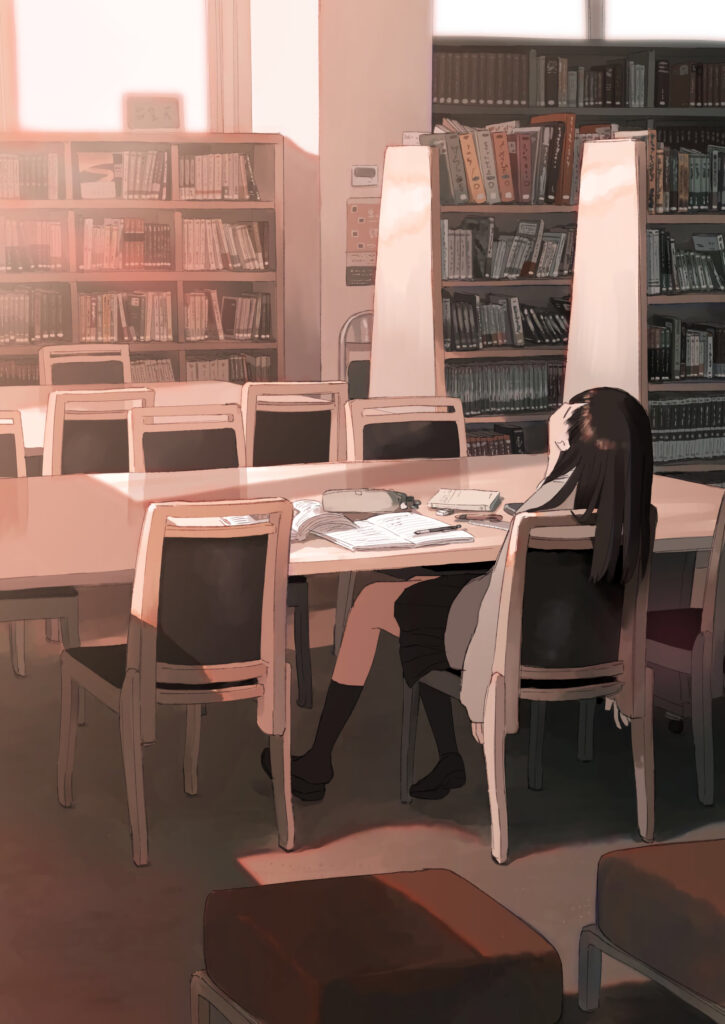 Serene Anime Girl in Library: Focused Study Atmosphere Wallpaper