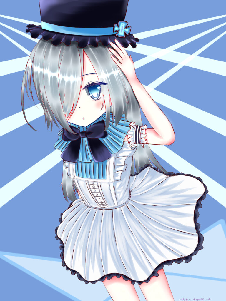 Anime Girl with Silver Hair in Stylish Top Hat & Blue Ribbon Wallpaper