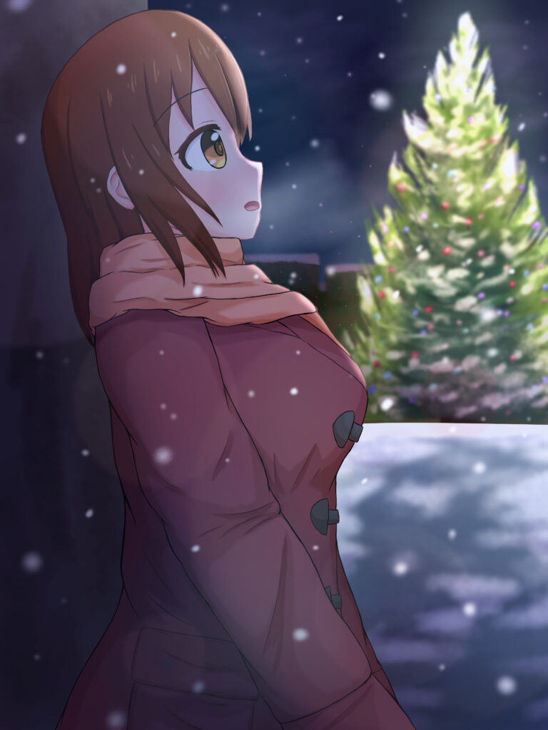 Anime Girl in Winter Scene with Christmas Tree - Serene Wallpaper