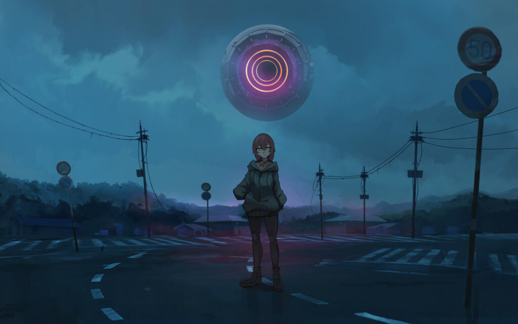 Anime Girl on Empty Road: Mysterious Fantasy Wallpaper Background