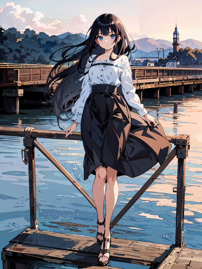 Anime Girl on Pier at Sea - Scenic Wallpaper for Your Desktop