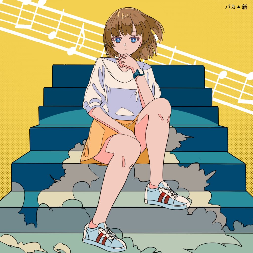 Anime Girl on Stairs: Whimsical Pop Art Wallpaper with Music Notes