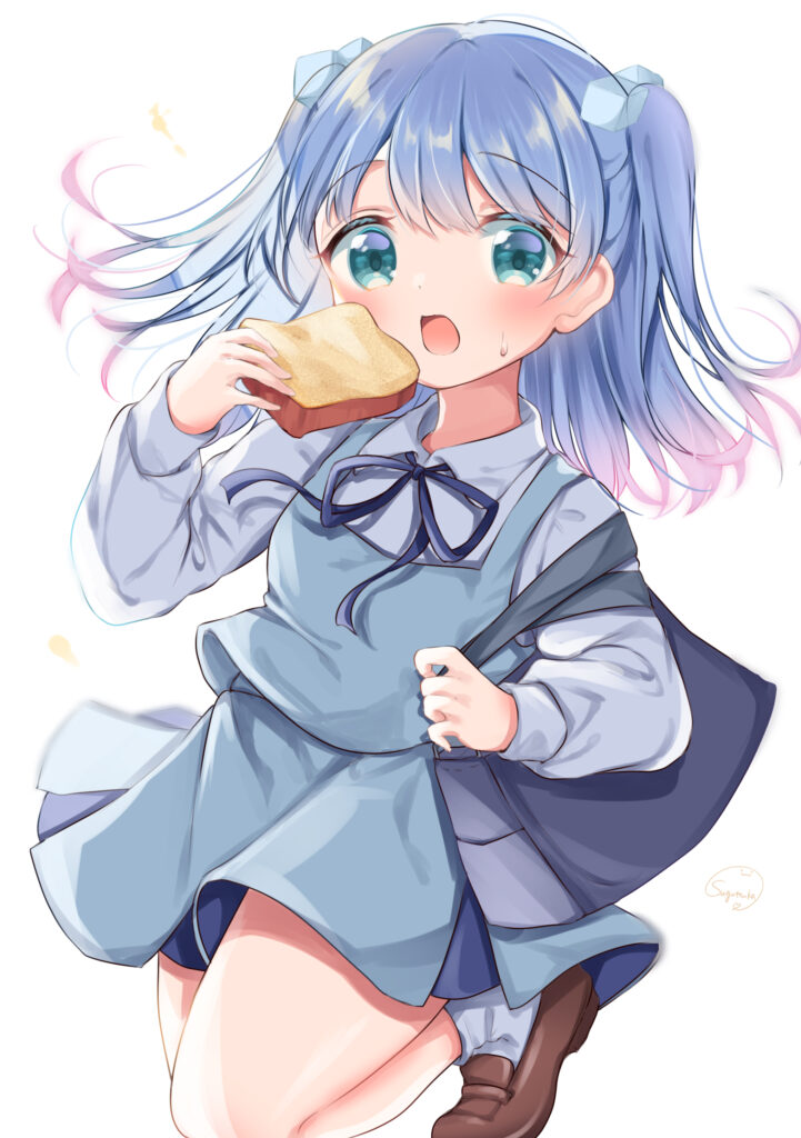 Vibrant Anime Girl with Blue Hair and Toast - Whimsical Wallpaper