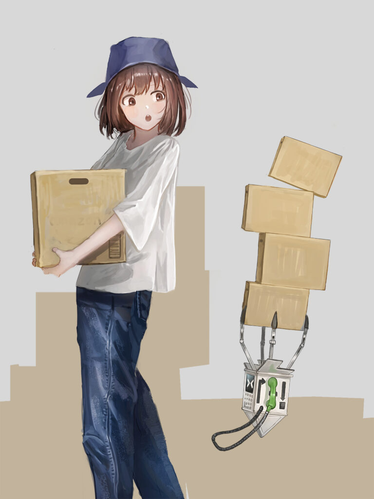Anime Girl with Robot Balancing Boxes – Stylish Wallpaper Art