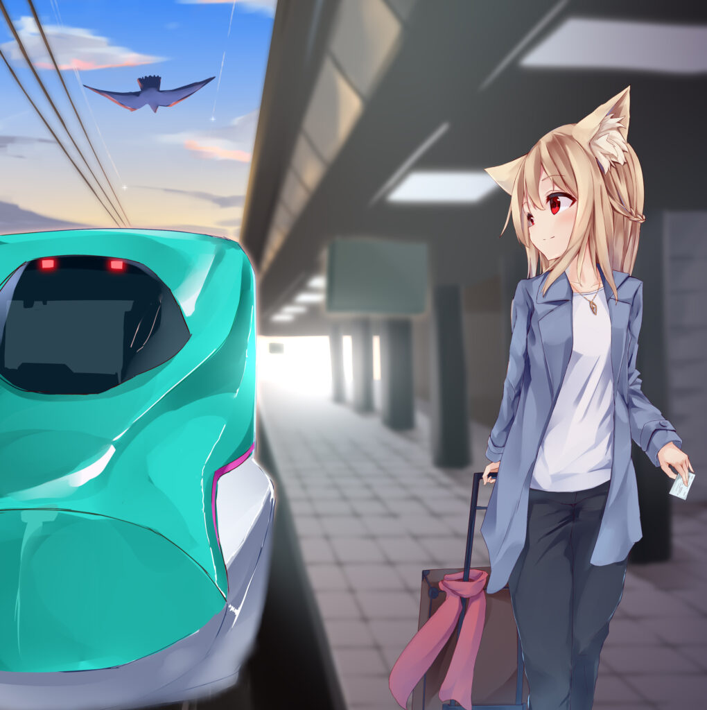 Anime Girl with Cat Ears at Train Platform - Stylish & Anticipating Wallpaper