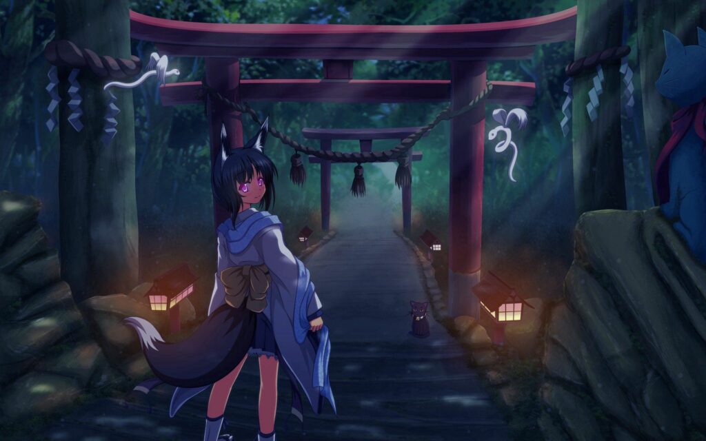 Mystical Anime Girl on Lantern Bridge with Cat - Enigmatic Wallpaper