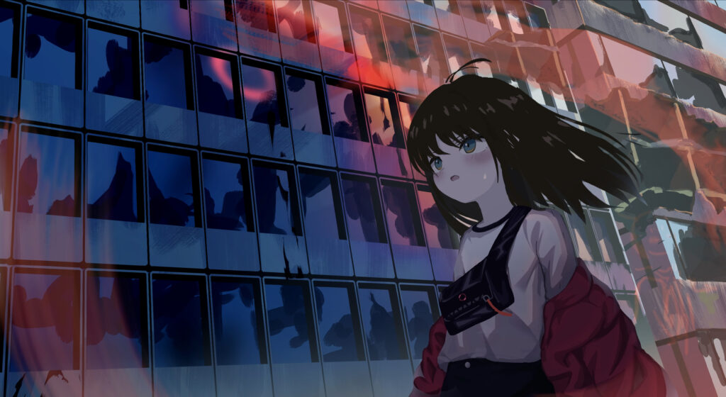 Anime Girl with Dark Hair Against Colorful Reflective Windows Wallpaper