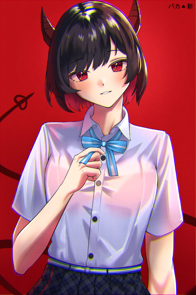 Anime Girl with Demon Horns in Dramatic Red Background Wallpaper