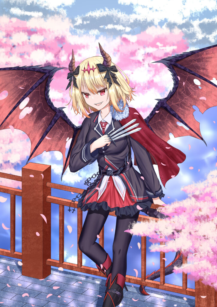 Anime Girl with Demon Wings on Bridge Amid Cherry Blossoms Wallpaper