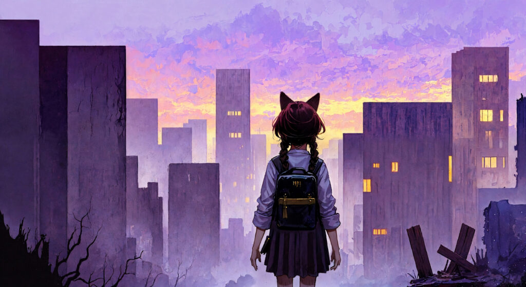 Anime Girl with Ears & Backpack Against Sunset City Skyline Wallpaper