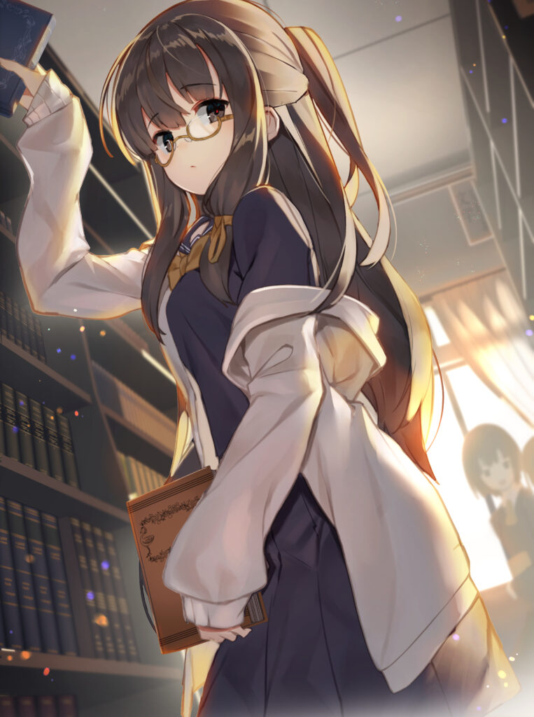 Anime Girl with Glasses in Cozy Library - Bookish Wallpaper