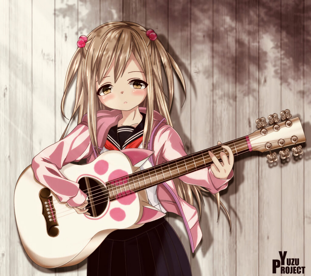 Anime Girl with Guitar on Rustic Wood Wallpaper - Serene Scene