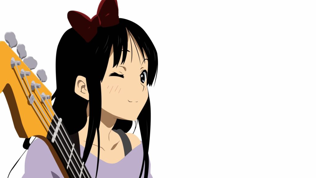 Flirtatious Anime Girl with Guitar & Red Bow on Minimalist Background Wallpaper