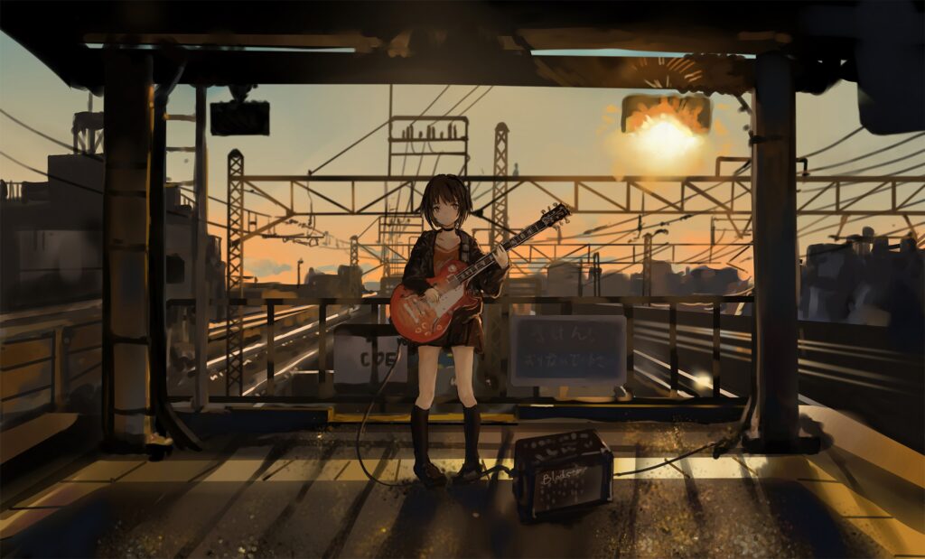 Anime Girl with Guitar at Sunset on Train Platform Wallpaper