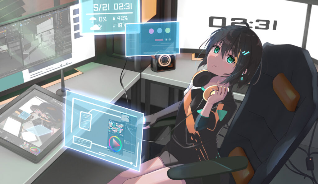 Anime Girl with Headphones in Futuristic Digital Ambiance Wallpaper