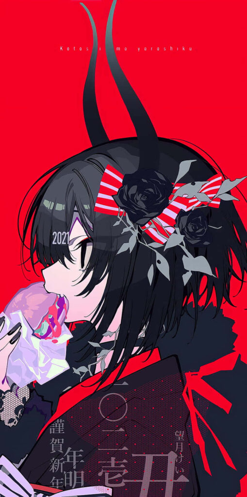 Dark-Haired Anime Demoness Savoring a Sinful Burger amidst a Fiery Scarlet Scene Wallpaper