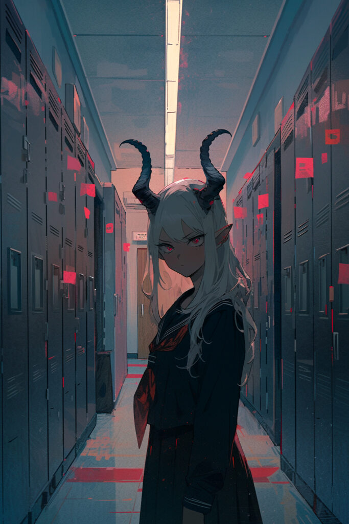 Anime Girl with Horns in Mysterious Hallway - Striking Wallpaper